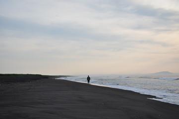 Kamchatka, Pacific ocean, beach, ocean, sunrise, black sand, loneliness, sadness, freedom, sad, man
