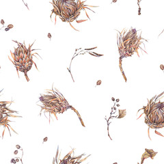 Watercolor botanical flowers seamles pattern, protea, wildflower