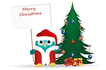Owl in Santa Claus costume against the background of a Christmas tree with gifts, holds an empty poster for your text or advertisement. Greeting card for the New Year holiday. Vector