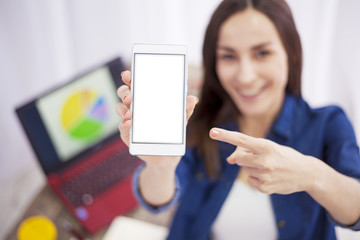 woman showing smartphone with blank screen