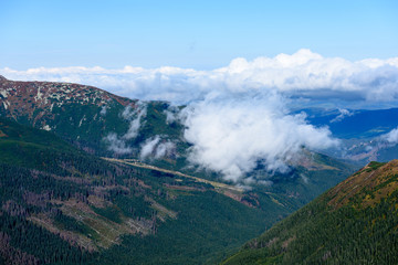 mountain tops in  autumn covered in mist or clouds