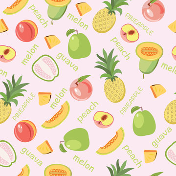  Vector seamless background of fruits peach, guava, melon, pineapple