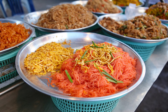 Thai egg yellow noodle on street food Phantip market in Ko Pha Ngan, Thailand