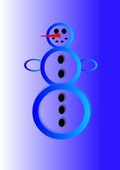 Illustration with blue cold snowman with carrot and buttons on the blue white background