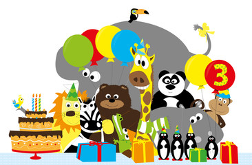 birthday party vector illustration with happy animals,balloons and birthday cake with 3 candles / white background