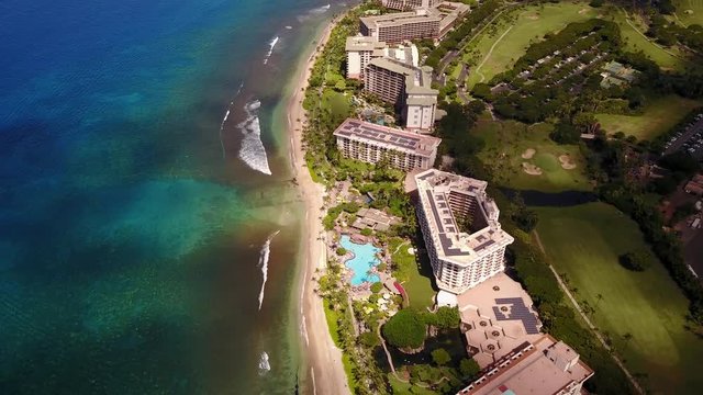 Picturesque scenary of Hawaiian resort on the ocean shore on the bird's eye view