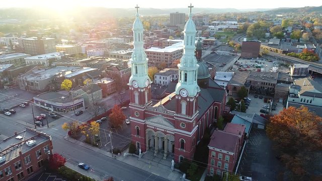 Aerial view of Catholic Cathedral and Church Steeples