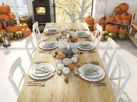 thanksgiving table in an apartment. 3D rendering. thanksgiving concept.