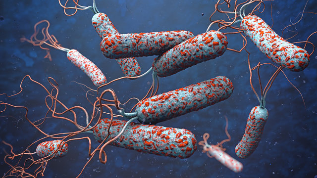 3d illustration of cholera pathogens in dark polluted water