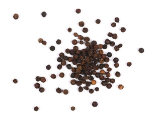 Black pepper isolated on white background, top view