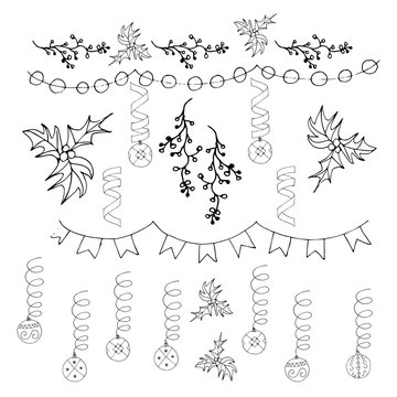 Christmas decoration, christmas bells and garlands on white,  illustration