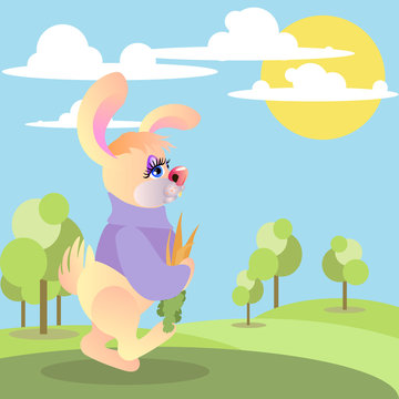 illustration of a cute cartoon rabbit in a forest