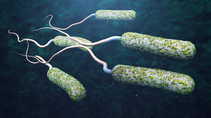 3d illustration of cholera pathogens in dark polluted water - obrazy, fototapety, plakaty