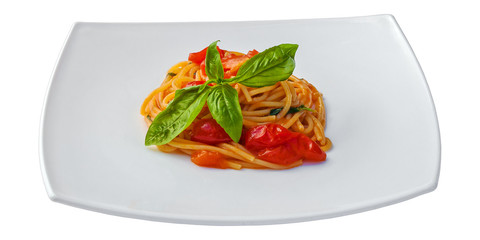 Spaghetti with tomato sauce and basil isolated on white background