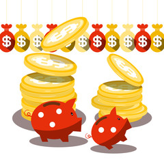 Piggy Bank and Dollar Coins with Money Bags Isolated on White Background. Vector.