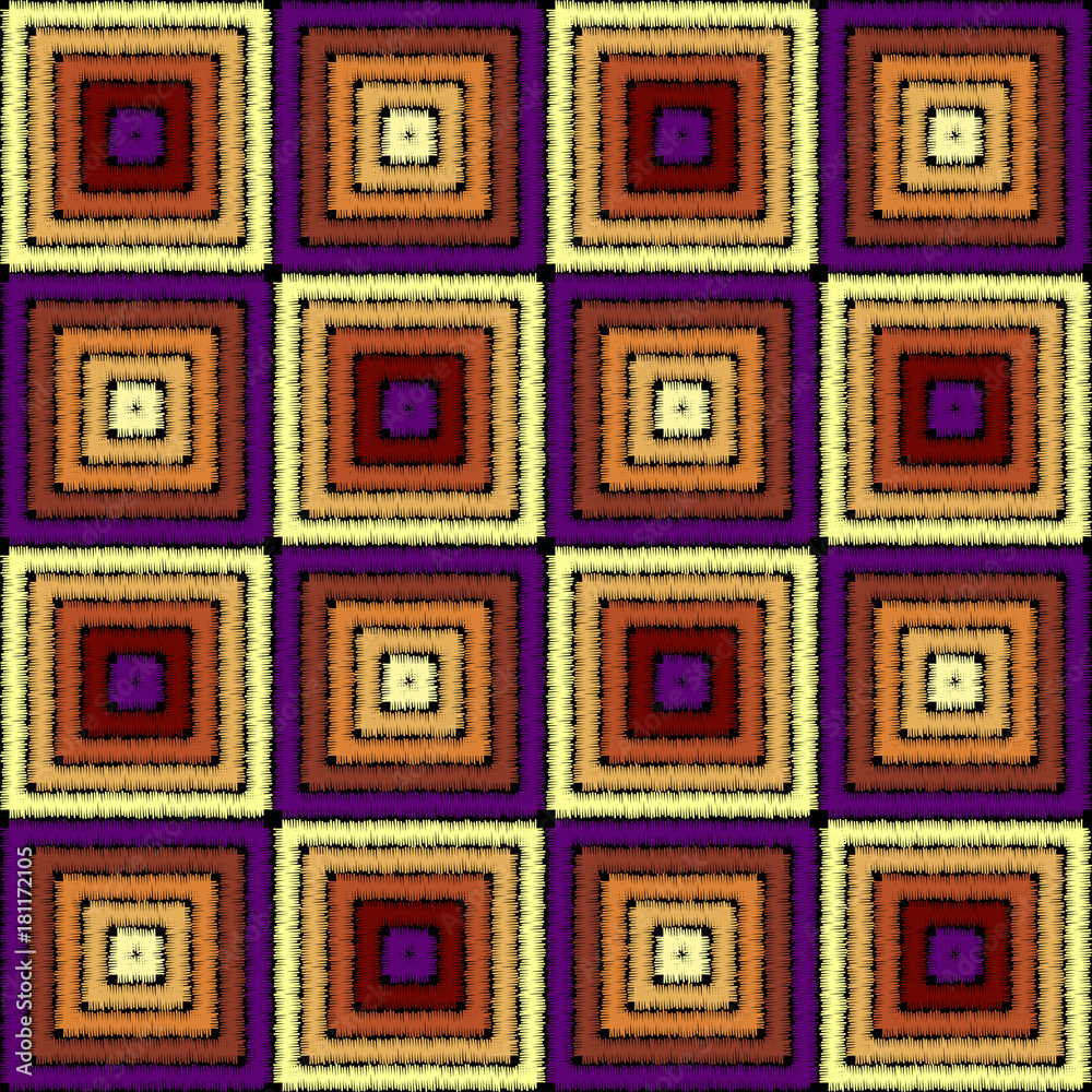 Poster Imitation of geometric embroidery pattern. Colored lines on a black background. Ethnic and tribal motifs. Seamless vector background in the bohemian style.