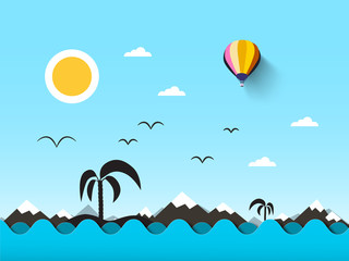 Ocean Landscape. Sea with Waves and Blue Sky. Vector Abstract Flat Scene with Mountains, Palm Tree on Island and Sun.
