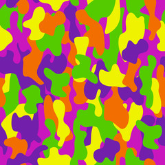 Camouflage seamless pattern in orange, green, yellow and violet colors.