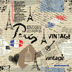 Seamless background pattern. Imitation of a vintage scrapbook collage with a Paris lettering.