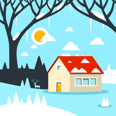 Winter Vector Flat Design Landscape with House on Field Covered with Snow