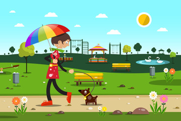 Woman with Dog in City Park - Vector Flat Design Illustration