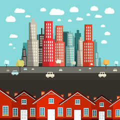 Fototapeta premium Houses with City on Background - Vector