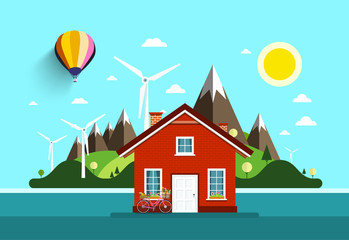 House in Nature. Vector Flat Design Landscape.