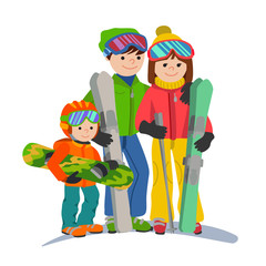 Family skiers vacations in the mountains. Illustration couple parents and child winter sport isolated white background flat style.