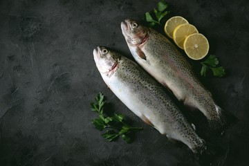 Organic raw fresh trout fish on an old wooden background. Top view. 