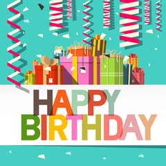 Fototapeta na wymiar Happy Birthday Card. Confetti and Gift Boxes. Vector Design.