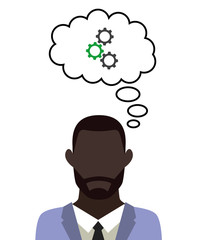 Mann überlegt - Zahnräder - Zusammenarbeit