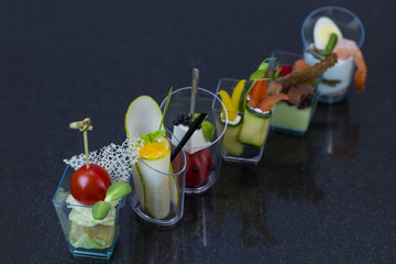 Mini canap with elements of molecular kitchen on white background