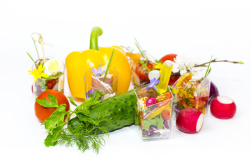 Mini canap with elements of molecular kitchen on white background