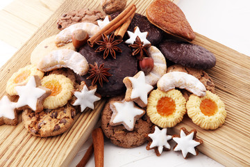 Variety of cookies, biscuits and nuts for christmas.