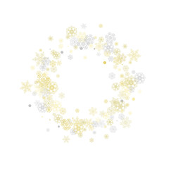 Gold snowflakes frame on white background. New year theme. Stylish shiny Christmas frame for holiday banner, card, sales, special offers. Falling snow with gold snowflakes and glitter for party invite