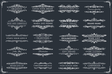 Collection of templates. Flourishes calligraphic ornaments and frames. Retro style of design elements, postcard, banners, logos. Vector template