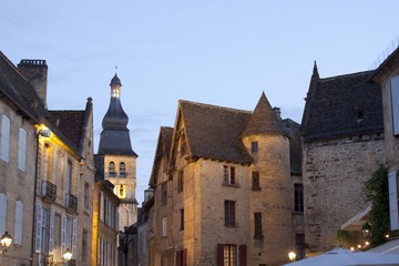 Sarlat la Caneda and its bell tower in France, in the night