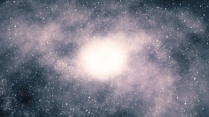 Space background. Camera is flying through the blue and magenta coloured nebula. The stars are everywhere around. 3d illustration