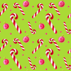 Watercolor christmas square pattern. New year ornament with candy cane. For design, print or background