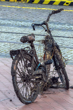 A diver with diving helmet searches for garbage on the harbor bottom in the harbor. He finds a bike thatis heavily covered with algae and shells and covered with seaweed. Keep our sea lake and river