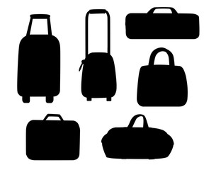 Set of travel suitcases and bags vectors. Flat design. Collection of various handle baggage. Suitcases with telescopic handle, wheels and stickers. For touristic concepts. isolated on white