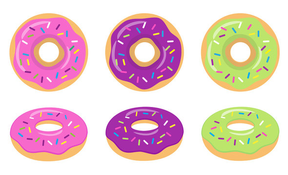 Colorful glazed donut set on white background. The view from the top and from the side. Vector illustration