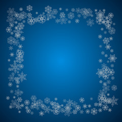 New year background with silver frosty snowflakes. Snowfall backdrop. Stylish new year background for holiday banners, cards. Falling snow with sparkles and flakes for season special offers and sales.