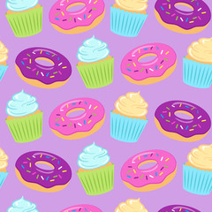 Seamless colorful pattern with donuts and cupcakes on violet background. Vector illustration