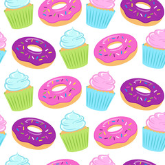 Seamless colorful pattern with donuts and cupcakes on white background. Vector illustration