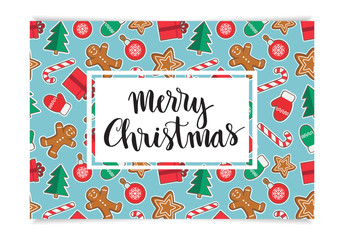 Merry Christmas lettering on pattern with gingerbread man, candy, gift, ball, christmas tree, gloves on blue background. Perfect for greeting card, wrapping paper etc. Vector illustration