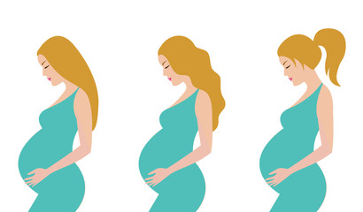 Naklejka na ściany i meble Simple cute colorful vector illustration of blonde pregnant women with different hairstyle in mint green dress.