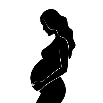 Black silhouette of pregnant woman with curly hair. Vector illustration