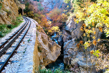 Odontotos rack railway Diakopto –Kalavrita, under the shadow of Helmos mountain.  About 120 years ago Odontotos rack railway started from the seaside town of Diakopto parallel to the river and climbed