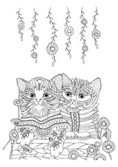 Hand drawn two kittens. Sketch for anti-stress adult coloring book in zen-tangle style. Vector illustration  for coloring page.
